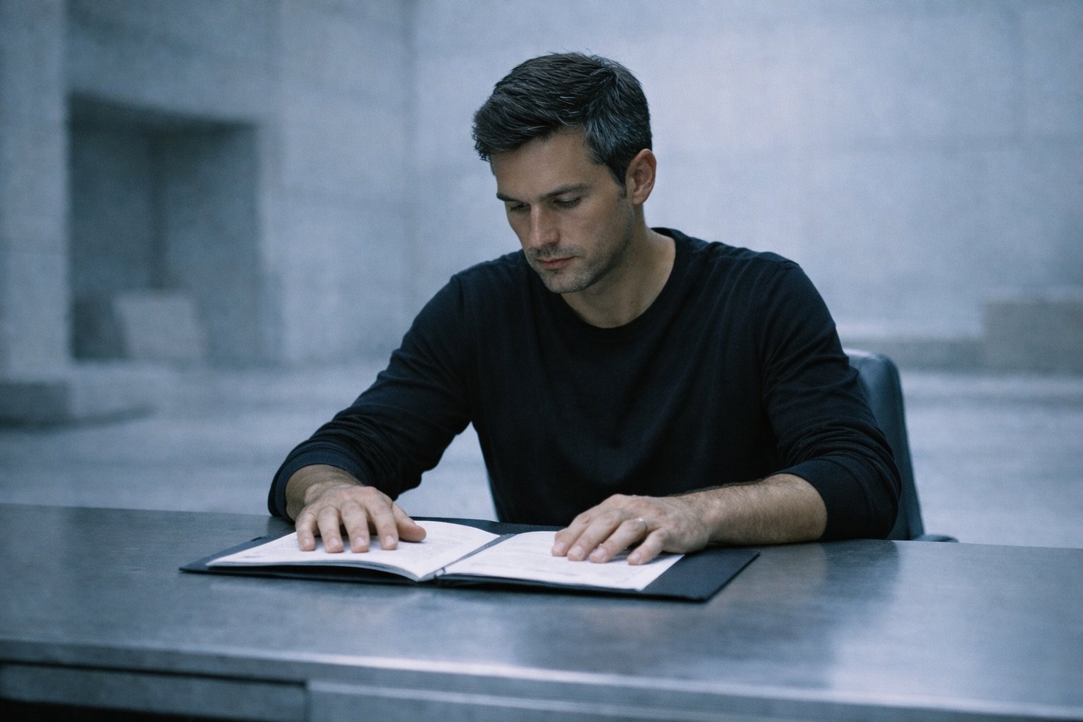 Jonathan Vale sitting alone at a table studying an open document.