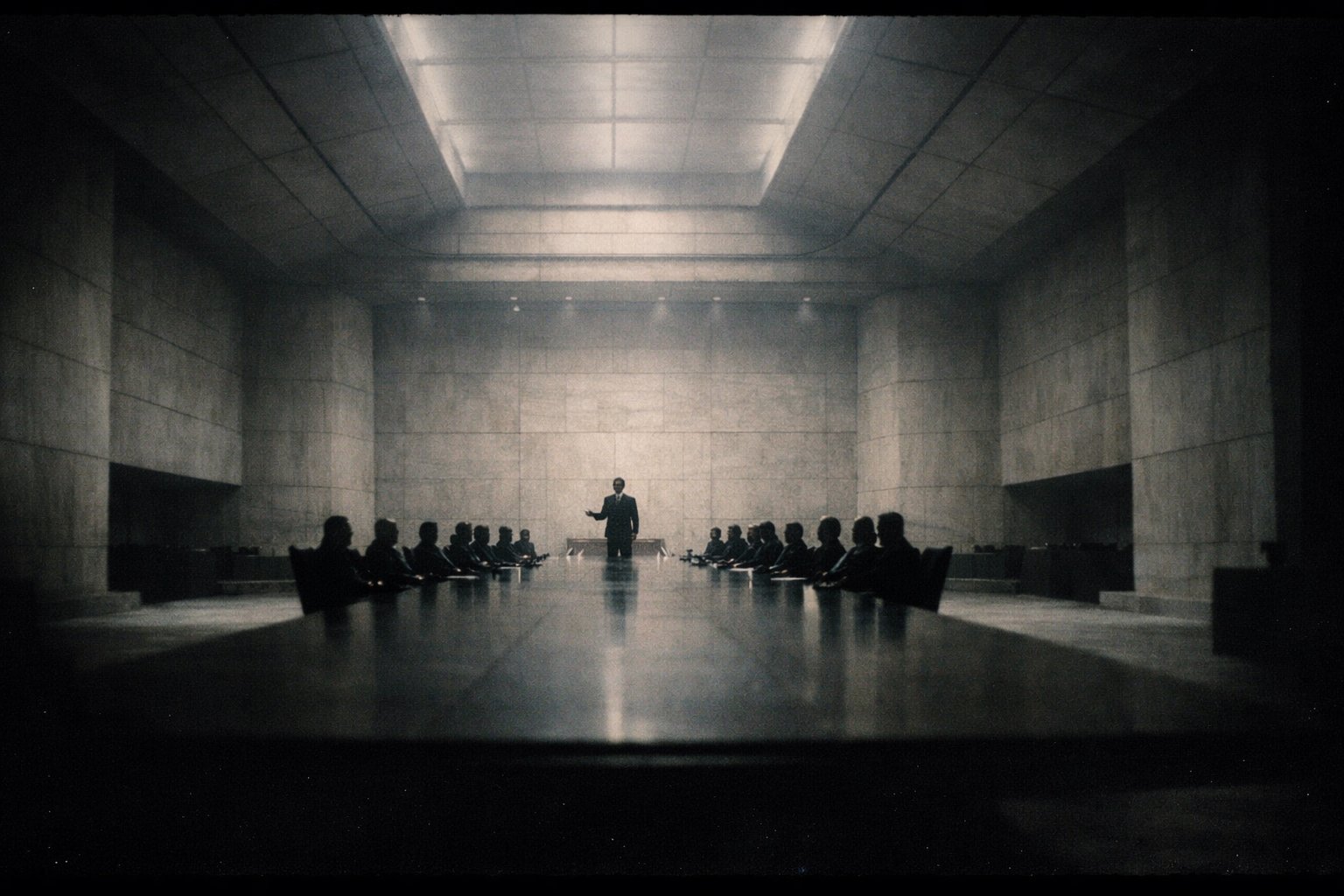 A vast council chamber where a lone man stands before seated officials.