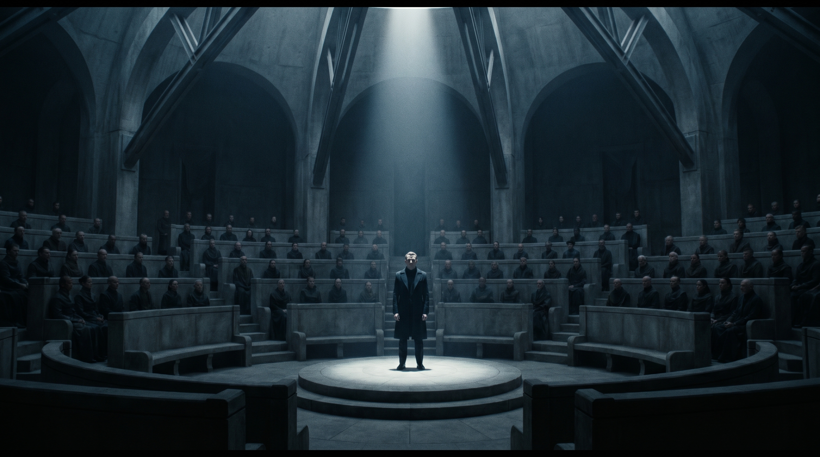 A vast council chamber where a lone man stands before seated officials.