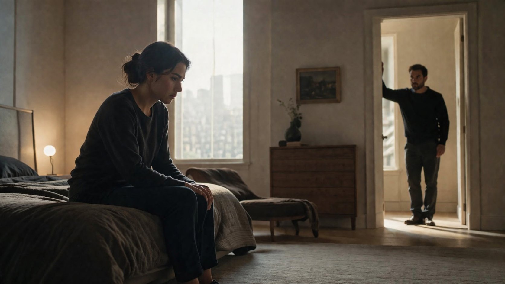 A woman sits on a bed while a man stands in the doorway of a spare apartment.